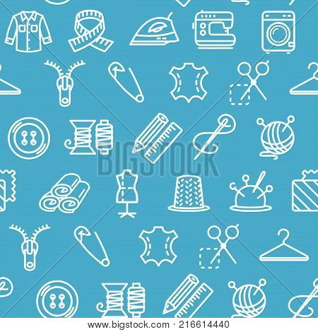 Sewing and Needlework Tool Pattern Background on a Blue for Business and Service Include of Machine and Hanger. Vector illustration