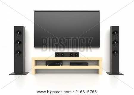 Home cinema set with large lcd tv panel, music speakers, video disc player, amplifyer. Living room interior concept. Graphic design element for movie advertisement, multimedia system sale. 3D illustration