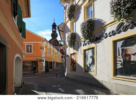MURAU/ AUSTRIA - OCTOBER 7, 2017. Beautiful charming street in the historical town center of Murau. Styria, Austria.