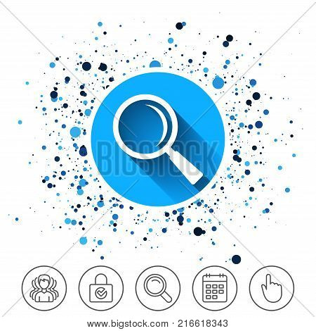 Button on circles background. Magnifier glass sign icon. Zoom tool button. Navigation search symbol. Calendar line icon. And more line signs. Random circles. Editable stroke. Vector