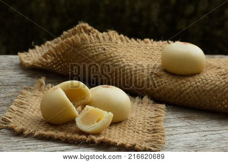Mochi snack on wooden platecopy space.Japanese strawberry Mochi