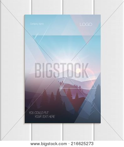 Stock vector brochure A4 or A5 format design business template with abstract triangles and mountain landscape at sunset, dawn background for ecology printed material, element corporate style cover