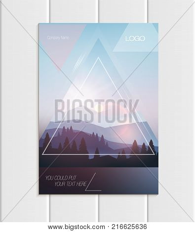 Stock vector brochure A4 or A5 format design business template with abstract triangles and mountain landscape at sunset, dawn background for ecology printed material, element corporate style cover