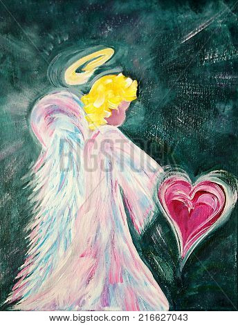 Acrylic painting on canvas of an Angel holding a heart