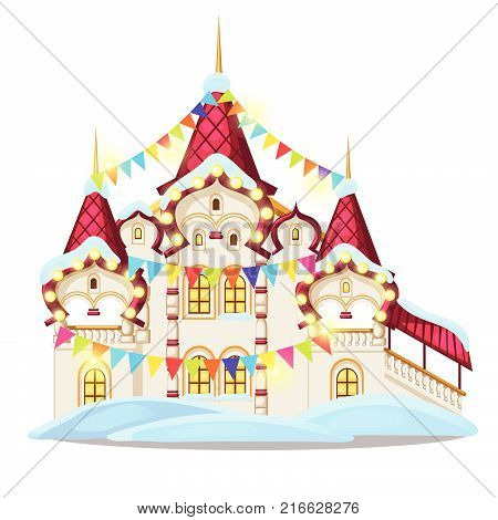 Fairytale castle festively decorated with garlands and multicolored flags isolated on white background. Sketch of Christmas festive poster, party invitation, holiday card. Vector cartoon close-up.