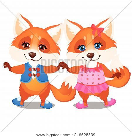Set of happy animated foxes isolated on a white background. Funny animals. Sketch of festive poster, party invitation, other holiday card. Vector cartoon close-up illustration.