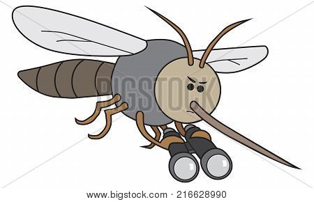 Intense cartoon mosquito is using binoculars to find new victims