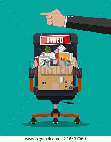 Leather chair with fired word plate and cardboard box with office things. Hiring and recruiting. Human resources management concept searching professional staff work. Vector illustration in flat style