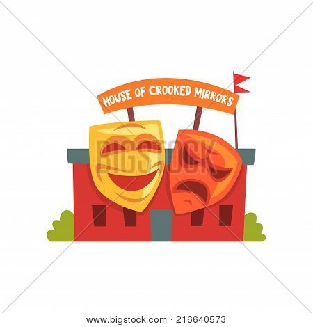 House of crooked mirrors. Colorful amusement park icon. Entertainment element for family fun. Cartoon vector illustration isolated on white. Flat graphic design element for banner, poster or card.