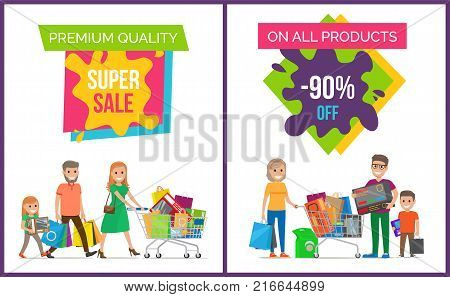 Premium quality super sale, on all products -90 off, set of images with family with bags and carts, vector illustration isolated on white