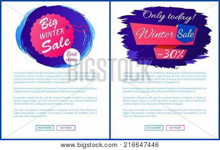 Only today winter sale - 30 off promo web posters on blue brush strokes vector hanging tag label on landing page. Advertisement xmas label design