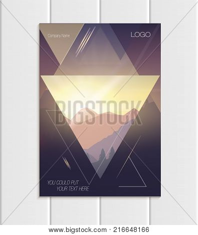 Stock vector brochure A4 or A5 format design business template with abstract triangles and mountain landscape at sunset, dawn background for ecology printed material, element corporate style cover