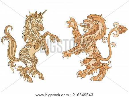 Heraldic unicorn and lion silhouettes in gold colors. Heraldry logo design elements. Luxury coat of arms concept.