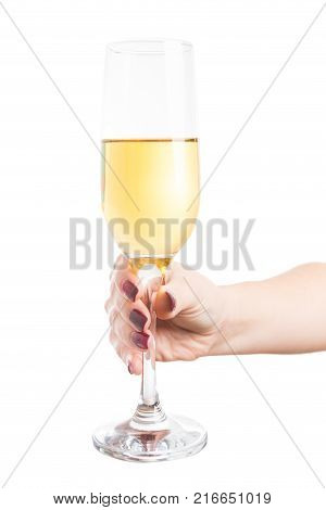 Housewife wearing red apron and drinking champagne and showing like thumb up gesture as well deserved rest after home work concept