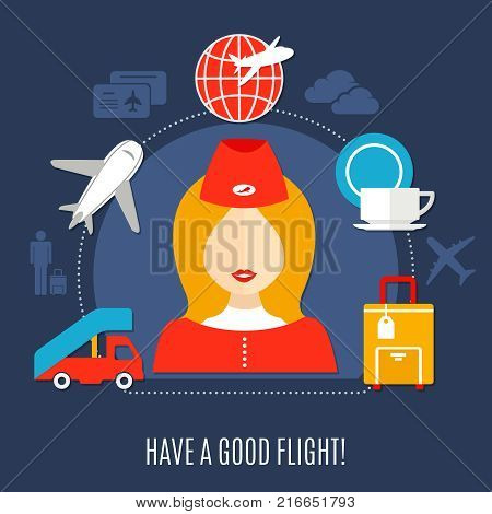 Air travel welcome aboard flat advertisement poster with airhostess and airlines passengers flight service symbols vector illustration