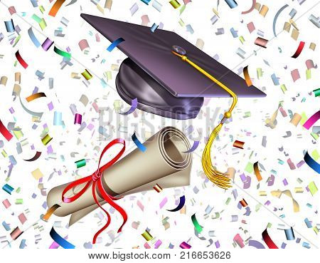 Graduation education celebration ceremony as a mortar board or graduate cap and diploma being tossed up in the air with party confetti as a 3D render.