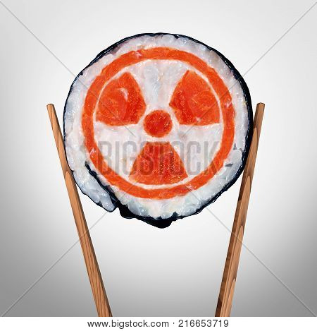 Radioactive food and contaminated meal with radioactivity as a piece of sushi held by chopsticks as a metaphor for nuclear threat in asia with 3D illustration elements.