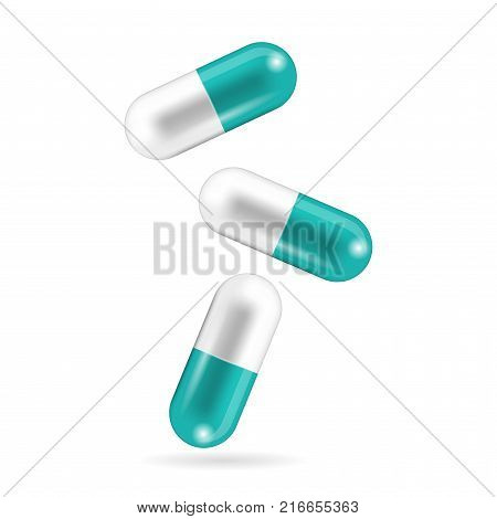 Realistic capsule pills are falling. Tablets in caplet forms and shapes. Vector illustration of medicine and drugs