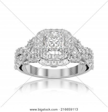 3D illustration isolated white gold or silver elegant solitaire decorative diamond ring with reflection on a white background