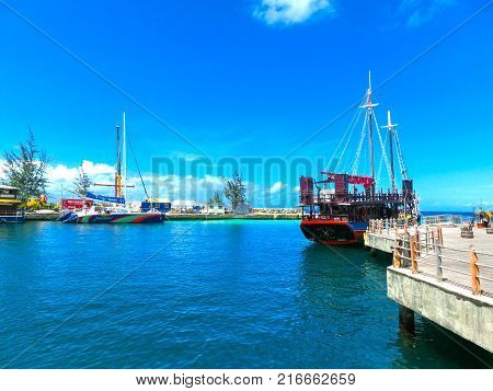 Bridgetown, Barbados - May 11, 2016: The ships at downtown marina of Bridgetown, Barbados