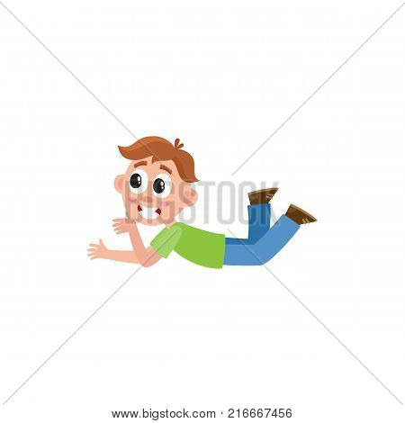 Little preschool, kindergarten boy lying on floor, listening, cartoon vector illustration isolated on white background. Little boy, child, kid in t-shirt, pants and sneakers lying on floor