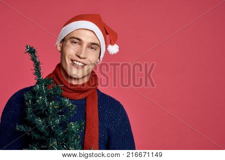 man with an artificial Christmas tree on a red background, free space for copying.