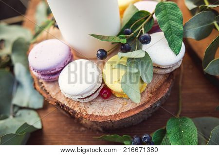 Colorful Macaroons On A Round Wood Log