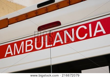 Tenerife Spain - November 2017: Closeup of ambulance car description (spanish: Ambulancia ).