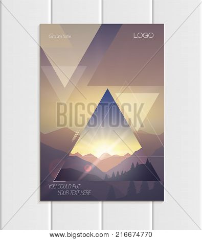 Stock vector brochure A4 or A5 format design business template with abstract triangles and mountain landscape at sunset, dawn background for ecology printed material, element corporate style cover