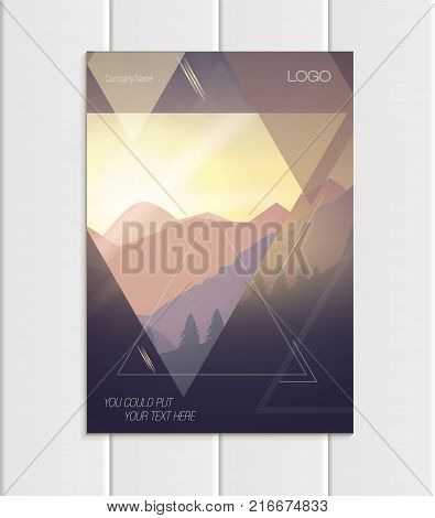 Stock vector brochure A4 or A5 format design business template with abstract triangles and mountain landscape at sunset, dawn background for ecology printed material, element corporate style cover