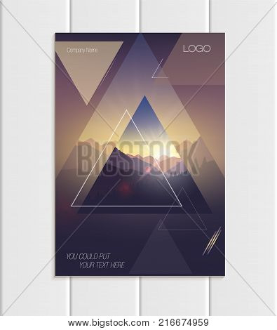 Stock vector brochure A4 or A5 format design business template with abstract triangles and mountain landscape at sunset, dawn background for ecology printed material, element corporate style cover
