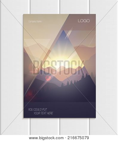 Stock vector brochure A4 or A5 format design business template with abstract triangles and mountain landscape at sunset, dawn background for ecology printed material, element corporate style cover