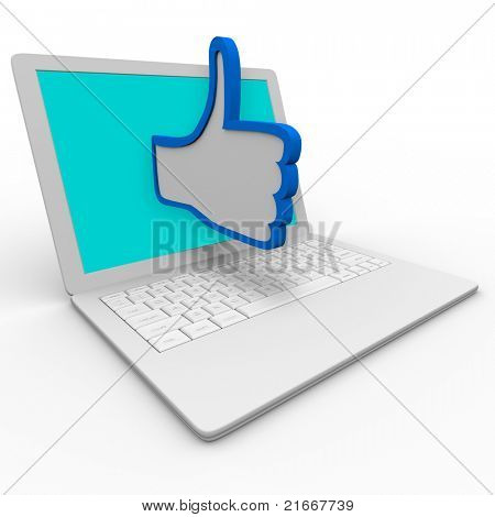 Modré a bílé palec nahoru symbol vyplývá z laptop obrazovky počítače pro ilustraci schválení nebo