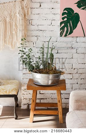 Modern loft interior with flowers in big metal pot. White brick wall on background.