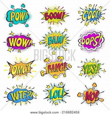 Pop art comic bubbles vector cartoon popart balloon bubbling colorful speech cloud asrtistic comics shapes isolated on white background illustration.