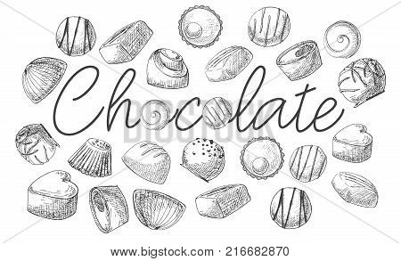 The poster with the inscription lollipop. Hand drawn different sweets. Vector illustration of a sketch style.