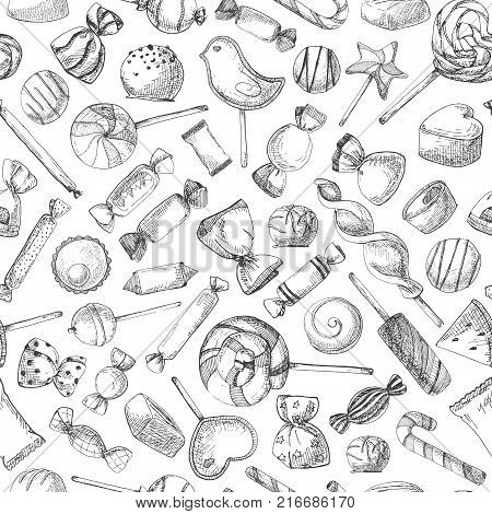 Hand drawn a seamless pattern with different sweets. Vector illustration of a sketch style. Seamless pattern for a shop with sweets.