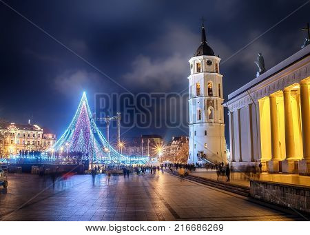 Vilnius, Lithuania: Christmas tree and decorations in Cathedral Square, night view