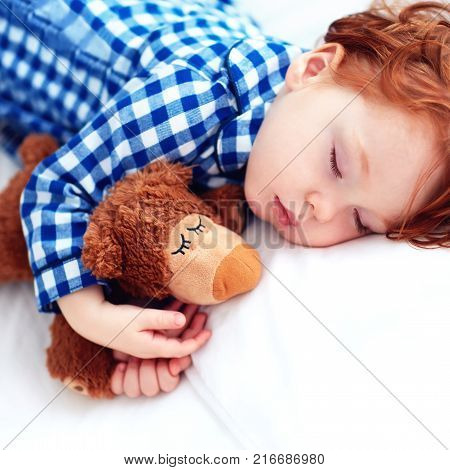 Adorable Redhead Toddler Baby Sleeping With Plush Toy In Flannel Pajamas