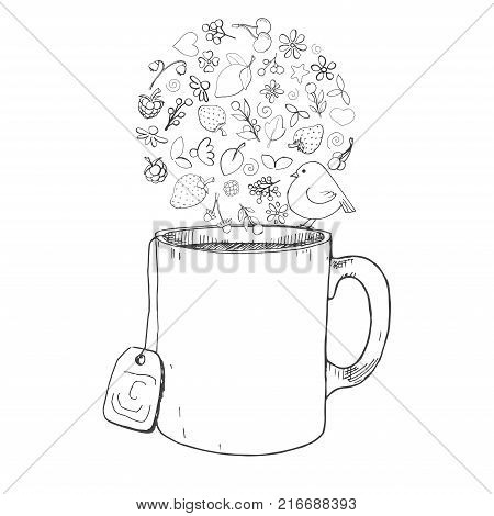 Hand drawn mug and candy. Vector illustration in sketch style.
