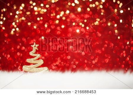 Christmas Tree - Golden Glitter sparkling In The Red Background