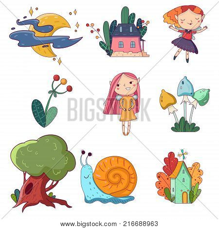 Two fairy little houses and colorful plants. Old green oak-tree. Moon with stars and clouds. Fairies characters and funny snail. Hand drawn vector design for children store, postcard or sticker.