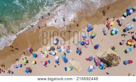 Aerial. Tourist beaches of the Portuguese city of Portimao. Shooted by drones Algarve