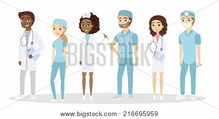 Different doctors set. Dentist and pedeatrician, nurse and surgeon and more on white.