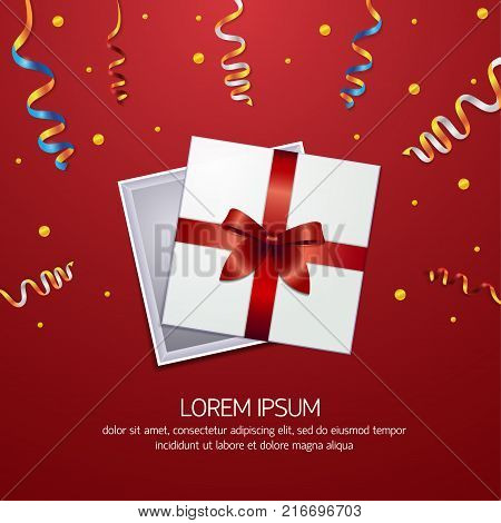Gift box Vector illustration White gift box with red ribbon and colorful serpentine are lying on a red background Modern realistic style Top view