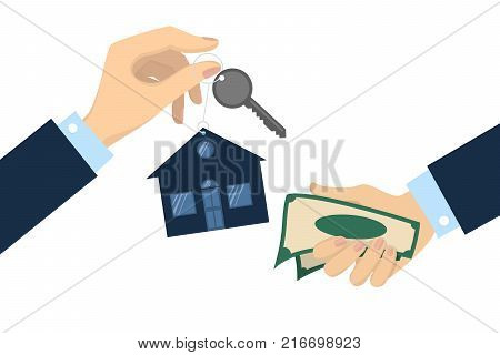 Bying the house. Hands with house keys and money.