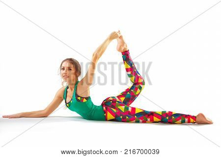 Beautiful Flexible Woman Doing Yoga Poses On White