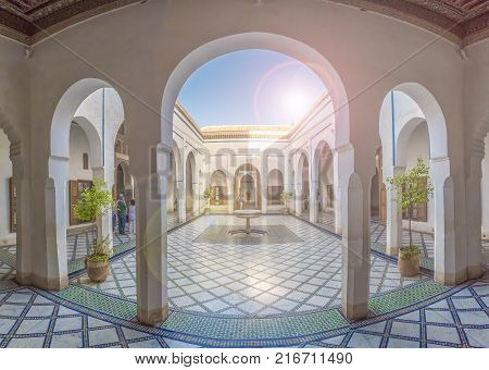 Bahia Palace Marrakech, Morocco - November 09 2017: Courtyard at El Bahia Palace Marrakech Morocco