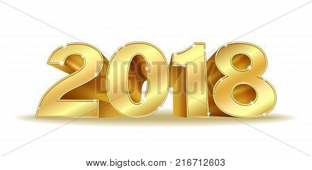 Happy New Year 2018. Golden 3D numbers on a white background. Design for your Seasonal Flyers and Greetings Card or Christmas themed invitations