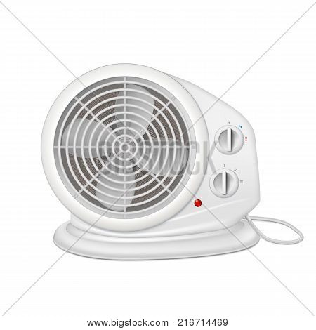 Electric heater with fan, radiator appliance for space heating. Icon of domestic heater with electric cord. 3D illustration isolated on white background.